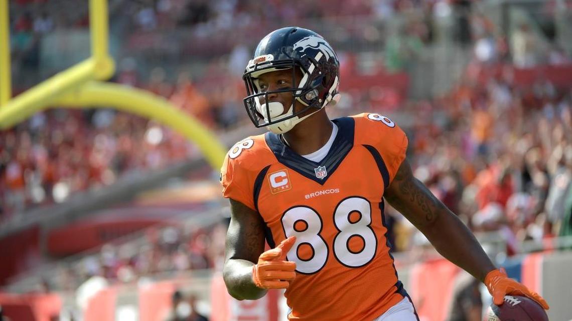 Denver Broncos wide receiver Demaryius Thomas reacts after scoring a touchdown during the first half of Sunday’s game at Tampa Bay.