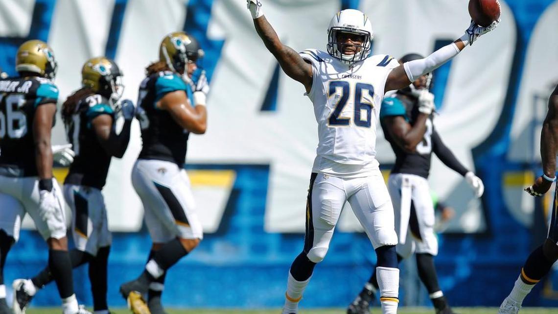 San Diego’s Casey Hayward celebrates an interception in the second quarter against the Jacksonville Jaguars on Sunday.
