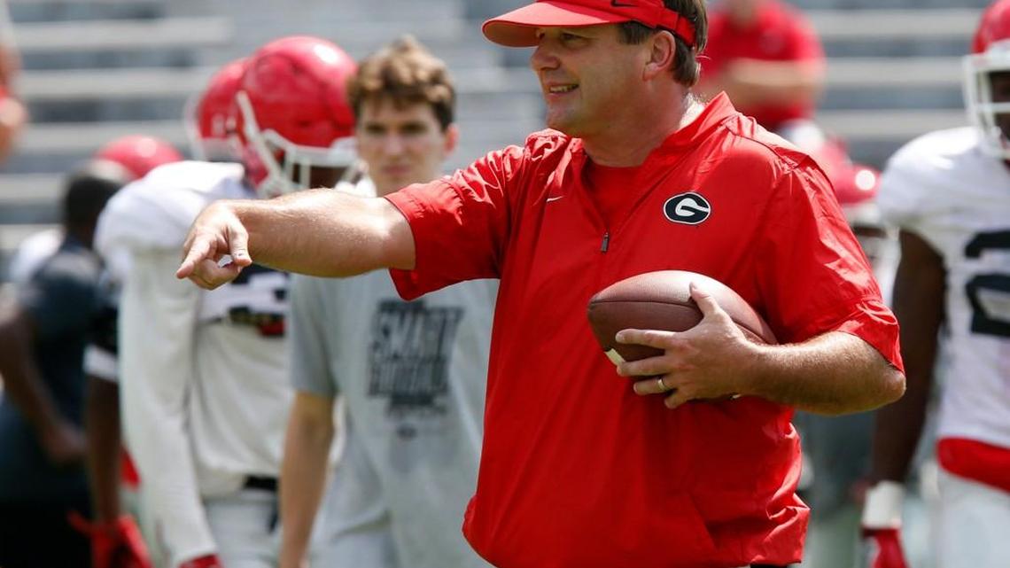 Georgia head coach Kirby Smart coach directs his team during practice.