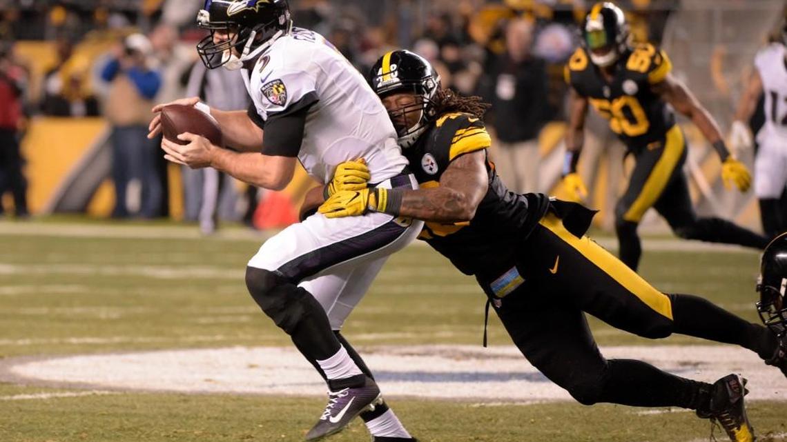 Pittsburgh outside linebacker Bud Dupree (48) sacks Baltimore quarterback Joe Flacco during Sunday’s game.