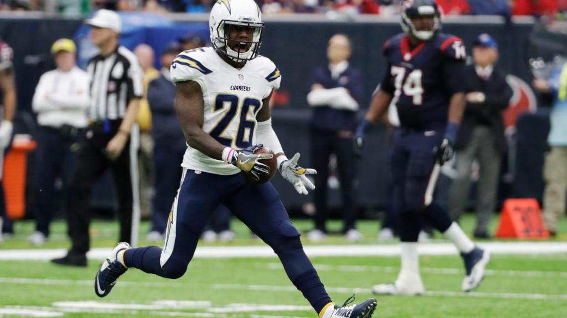 San Diego Chargers cornerback Casey Hayward celebrates an interception against the Houston Texans during the first half of an NFL football game Sunday, Nov. 27, 2016, in Houston.