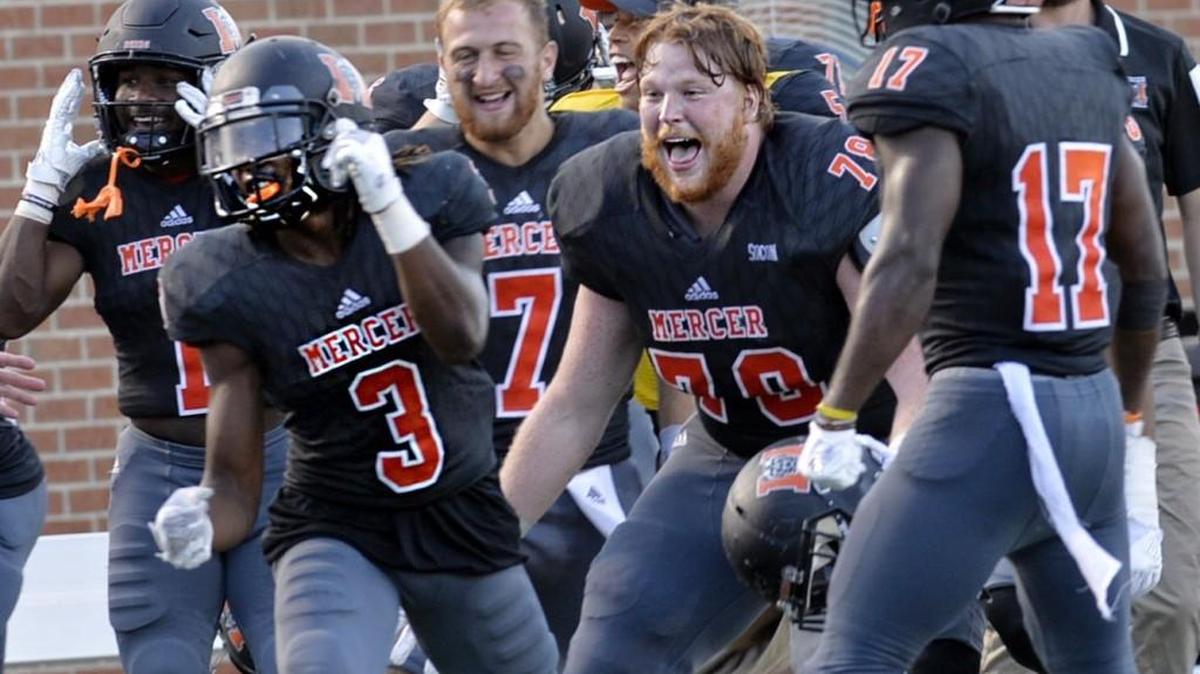 Mercer defensive back Stephen Houzah (3) got his team excited after he intercepted a Tennessee Tech pass in the second half that gave the Bears new life.