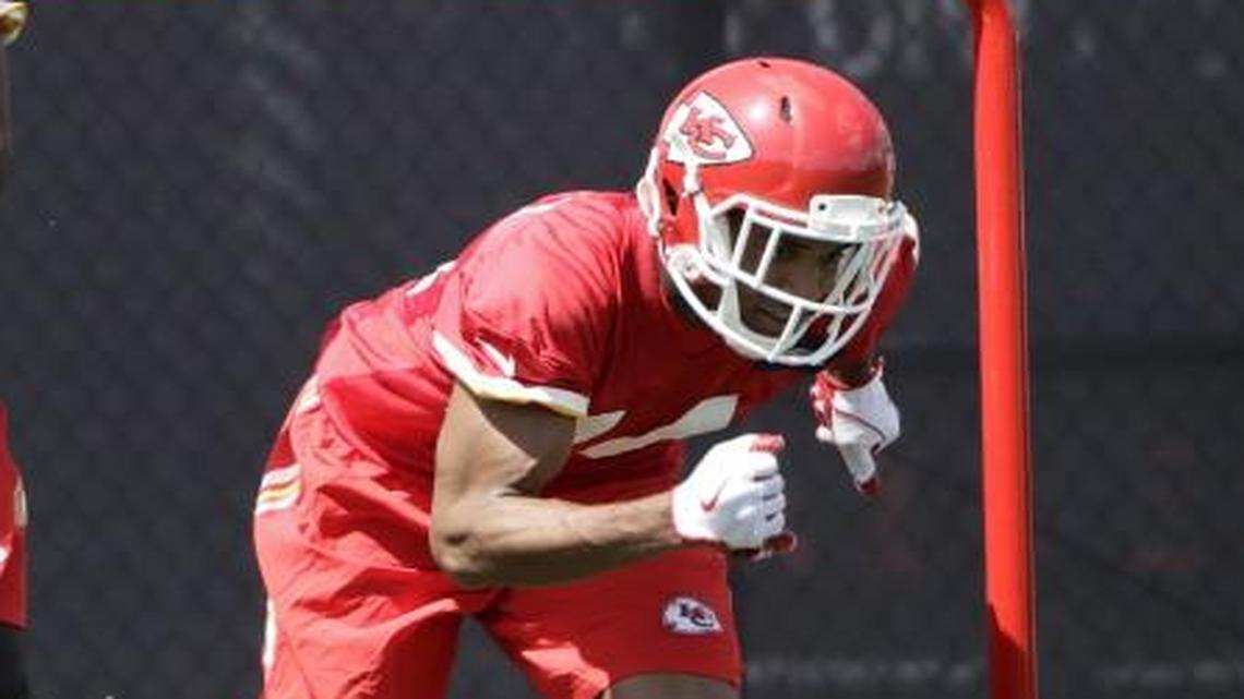 Kansas City Chiefs wide receiver Demarcus Robinson participates in a drill during the team's organized team activity.
