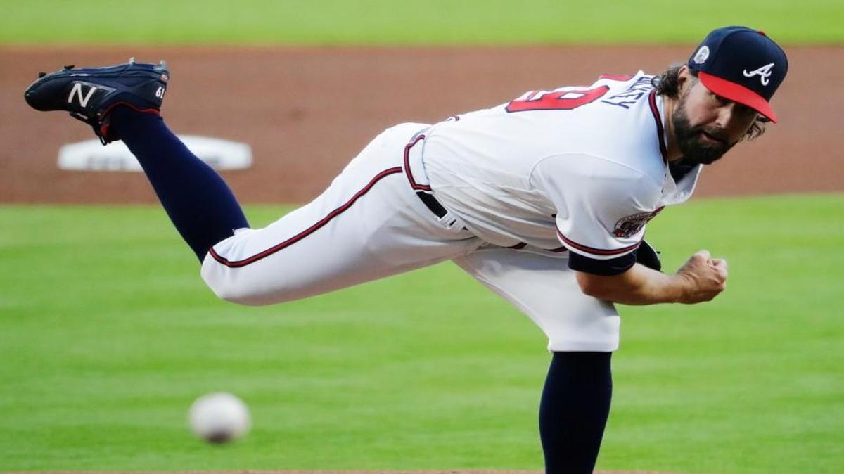Atlanta Braves starting pitcher R.A. Dickey throws in the first inning of a baseball game against the New York Mets in Atlanta, Tuesday, May 2, 2017.