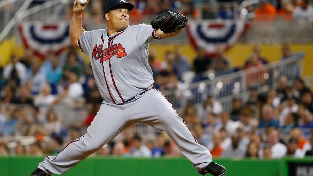Atlanta Braves pitcher Bartolo Colon works during the third inning against the Miami Marlins at Marlins Park in Miami on Tuesday, April 11, 2017.
