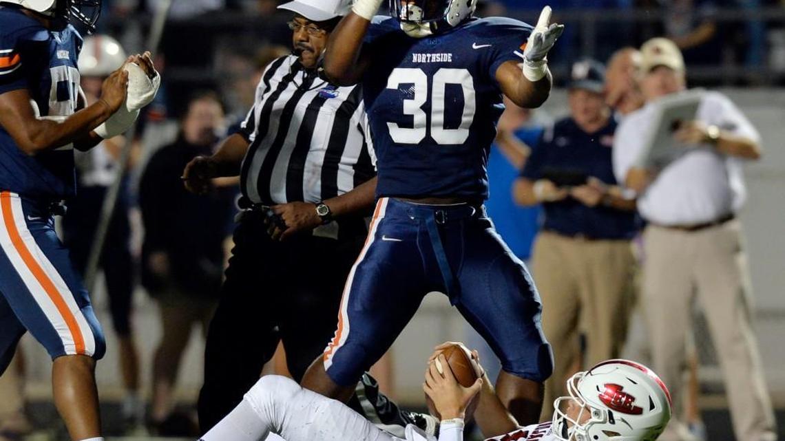 Northside linebacker Kameron Tate (30) and the Eagles travel to Glynn Academy on Friday in the GHSA Class 6A playoffs.