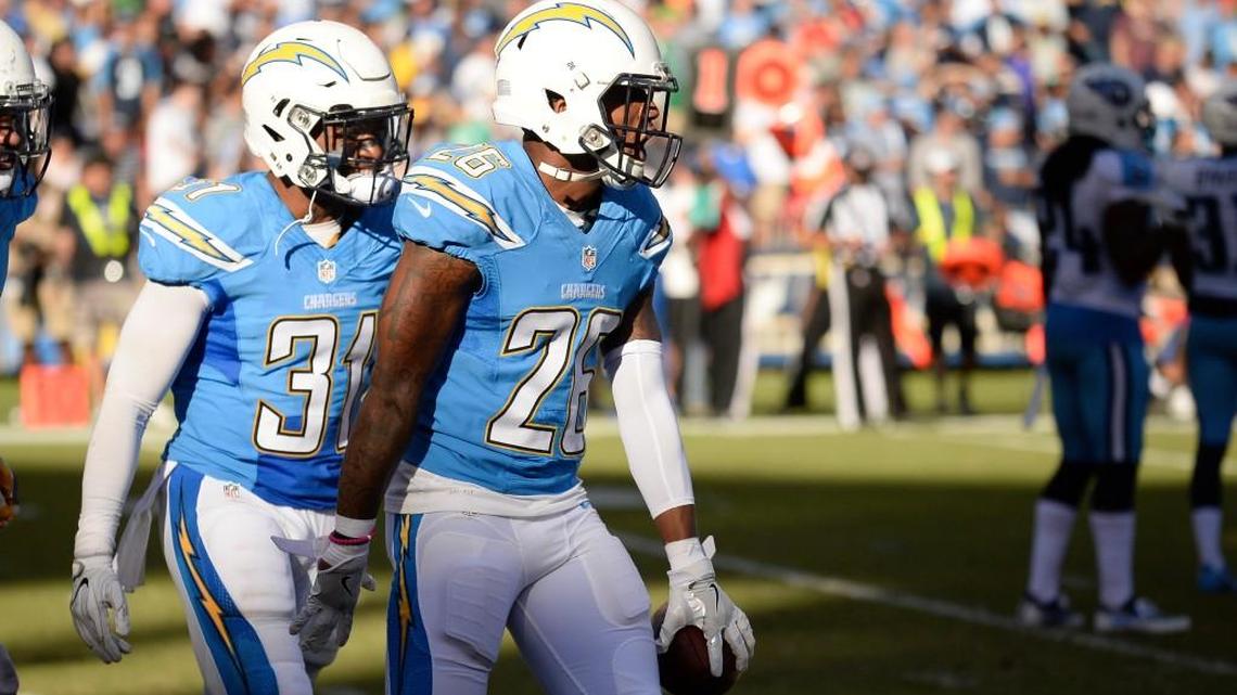 San Diego Chargers cornerback Casey Hayward celebrates with teammates after an interception during the first half of an NFL football game Sunday, Nov. 6, 2016, in San Diego.