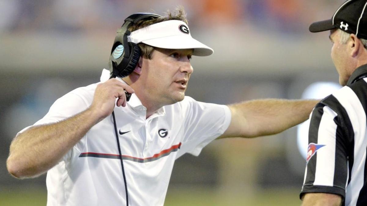 Georgia head coach Kirby Smart talks with an official during their game against Florida on Saturday in Jacksonville, Florida.