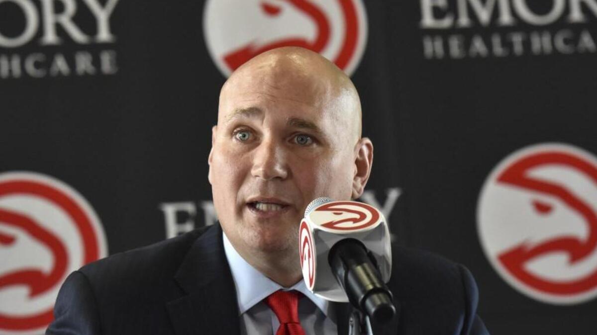 Atlanta Hawks new general manager Travis Schlenk speaks during an introductory press conference at Philips Arena in Atlanta, Friday, June 2, 2017.