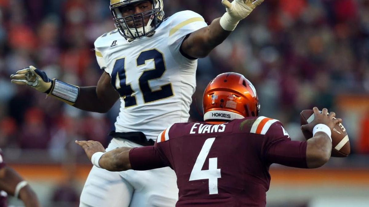 Georgia Tech defender KeShun Freeman (42) and the Yellow Jackets host Virginia on Saturday after beating Virginia Tech last week.