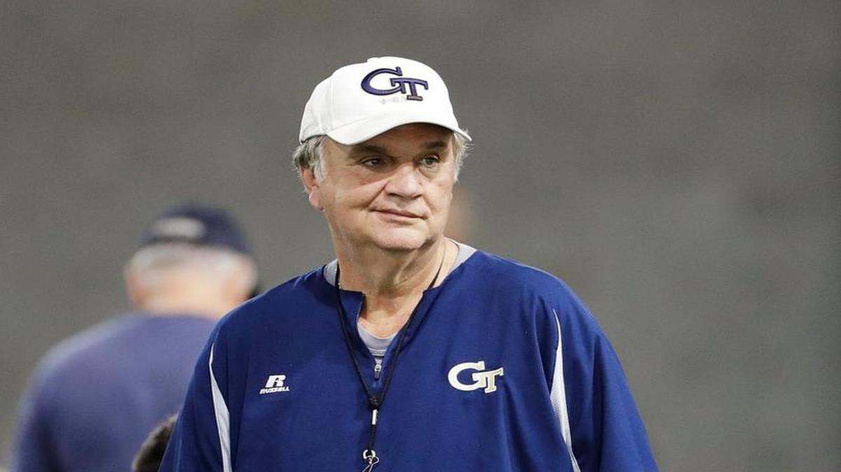 Georgia Tech head coach Paul Johnson walks through an NCAA college football practice in Atlanta, Monday, March 27, 2017. Coming off a nine-win season, Georgia Tech begins spring football practice Monday with all eyes on the quarterback position after the departure of three-year starter Justin Thomas