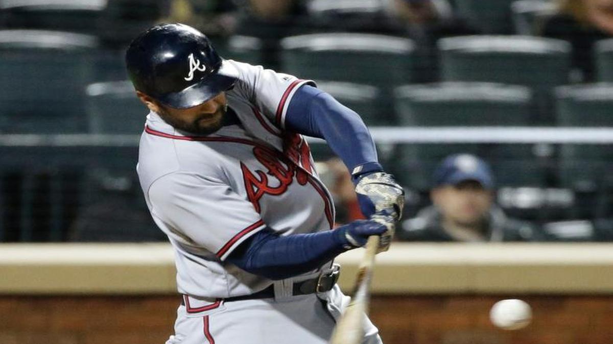 Atlanta Braves' Matt Kemp (27) hits a home run during the seventh inning of a baseball game against the New York Mets Thursday, April 6, 2017.
