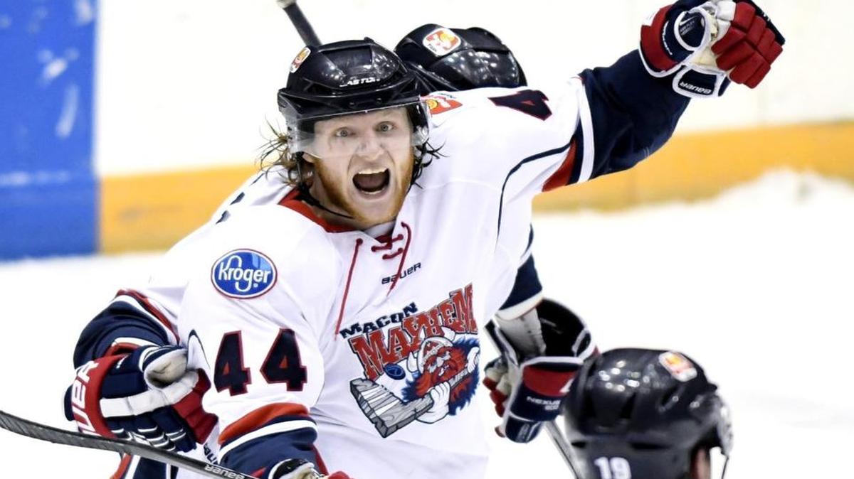 Macon center Stephen Pierog (44) and the Mayhem face Peoria in the SPHL’s President’s Cup Finals starting Friday.