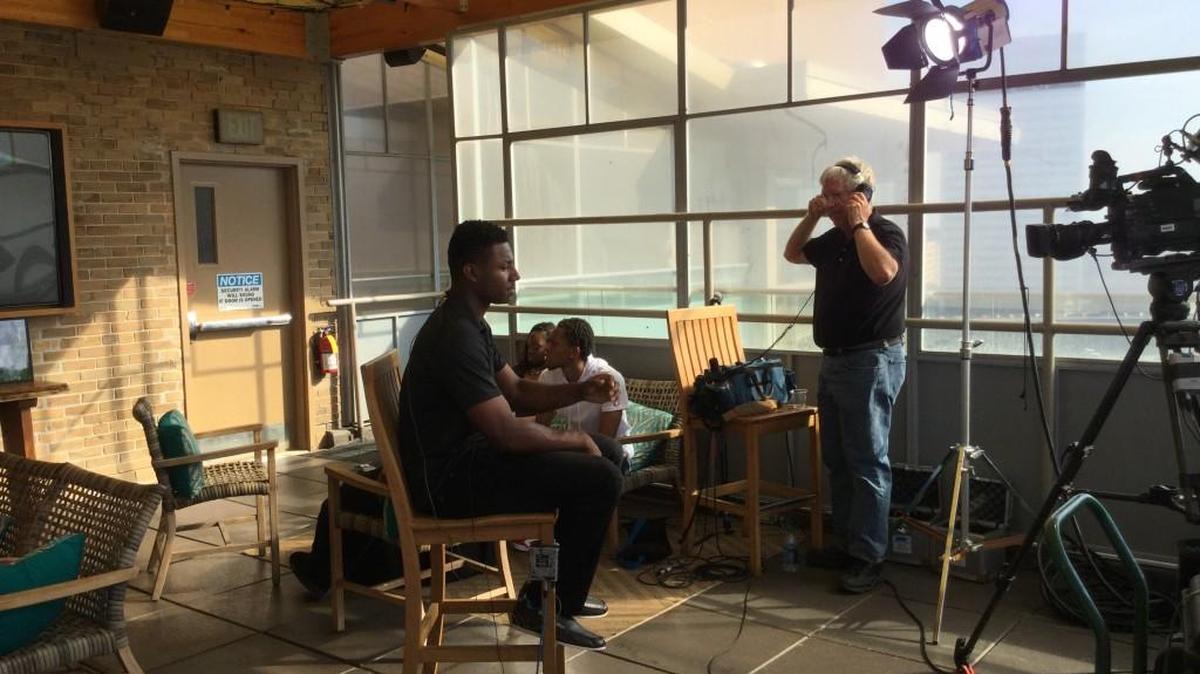 Mercer’s Kyle Lewis prepares for a television interview prior to Thursday’s Major League Baseball draft.