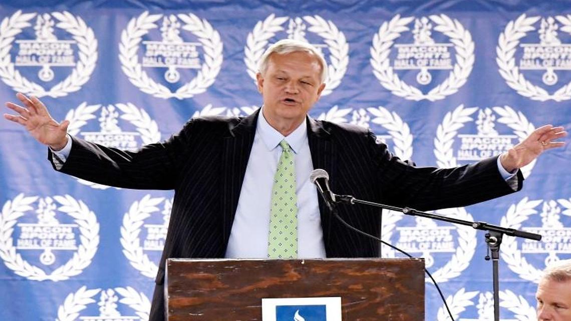 Macon Sports Hall of Fame inductee Bob Hoffman speaks during the induction ceremony inside the Macon Coliseum's Monument Room on Thursday night.