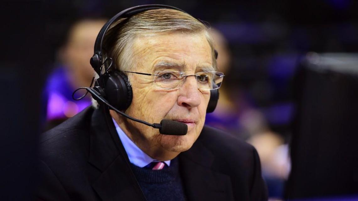 In this Jan. 30, 2016, photo provided by ESPN, Brent Musburger works a college basketball game between LSU and Oklahoma in Baton Rouge, La. Musburger is calling an end to his broadcast career. Millions of Americans experienced sporting events through his folksy narration, most often when he was the lead voice of CBS Sports during the 1980s. Musburger will call his last game for ESPN on Jan. 31, a college basketball contest pitting Kentucky against Georgia.