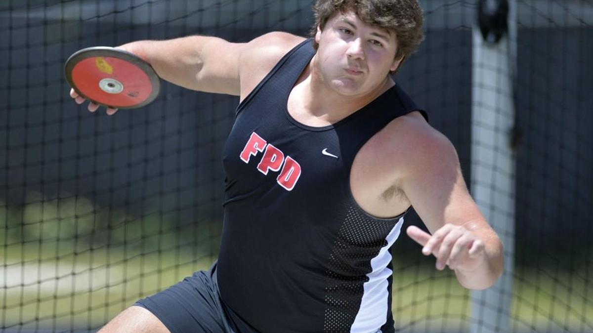 FPD discus thrower Robby Watson practices before the GHSA state meet Thursday where he is defending championships in the discus and shot put.